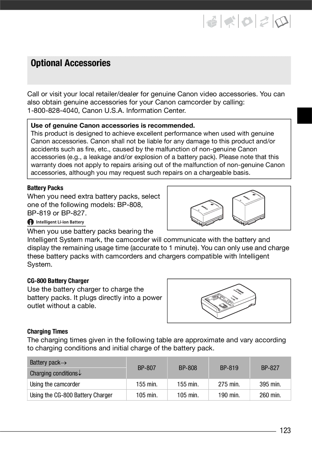 Canon VIXIA HG20, VIXIA HG21 instruction manual Optional Accessories, 123 