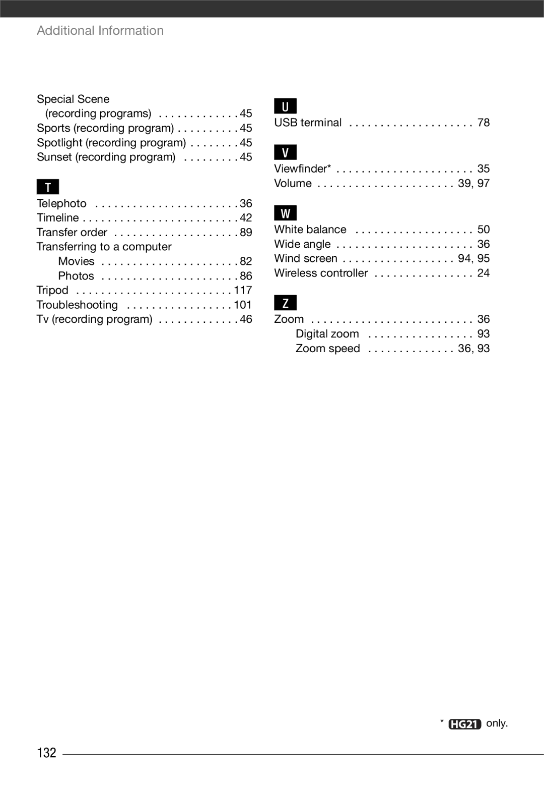 Canon VIXIA HG21, VIXIA HG20 instruction manual 132, Special Scene, USB terminal, Digital zoom Zoom speed 
