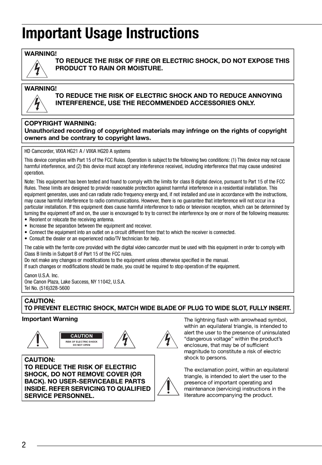 Canon VIXIA HG21, VIXIA HG20 instruction manual Important Usage Instructions 