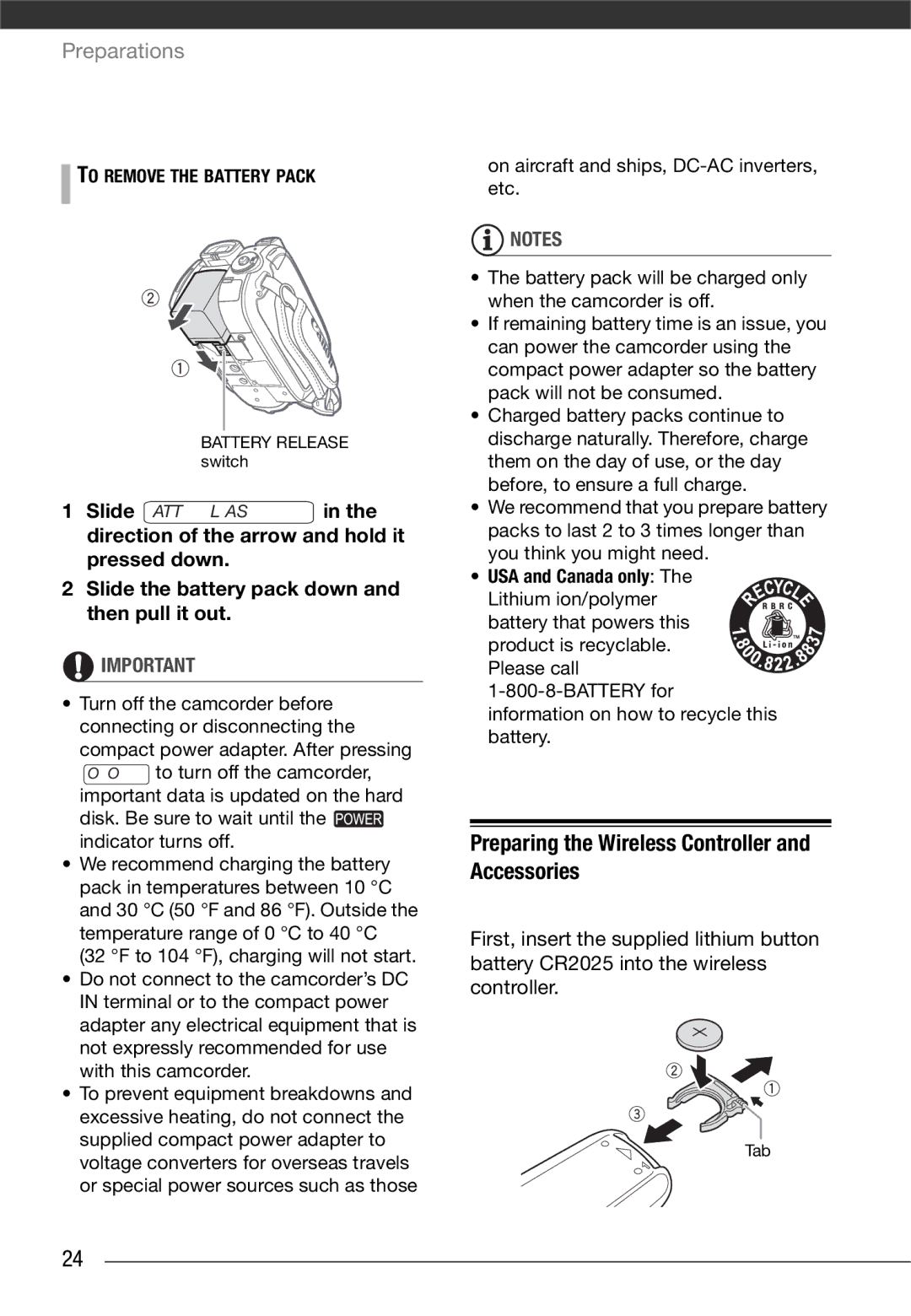 Canon VIXIA HG21, VIXIA HG20 instruction manual Preparing the Wireless Controller and Accessories, USA and Canada only 