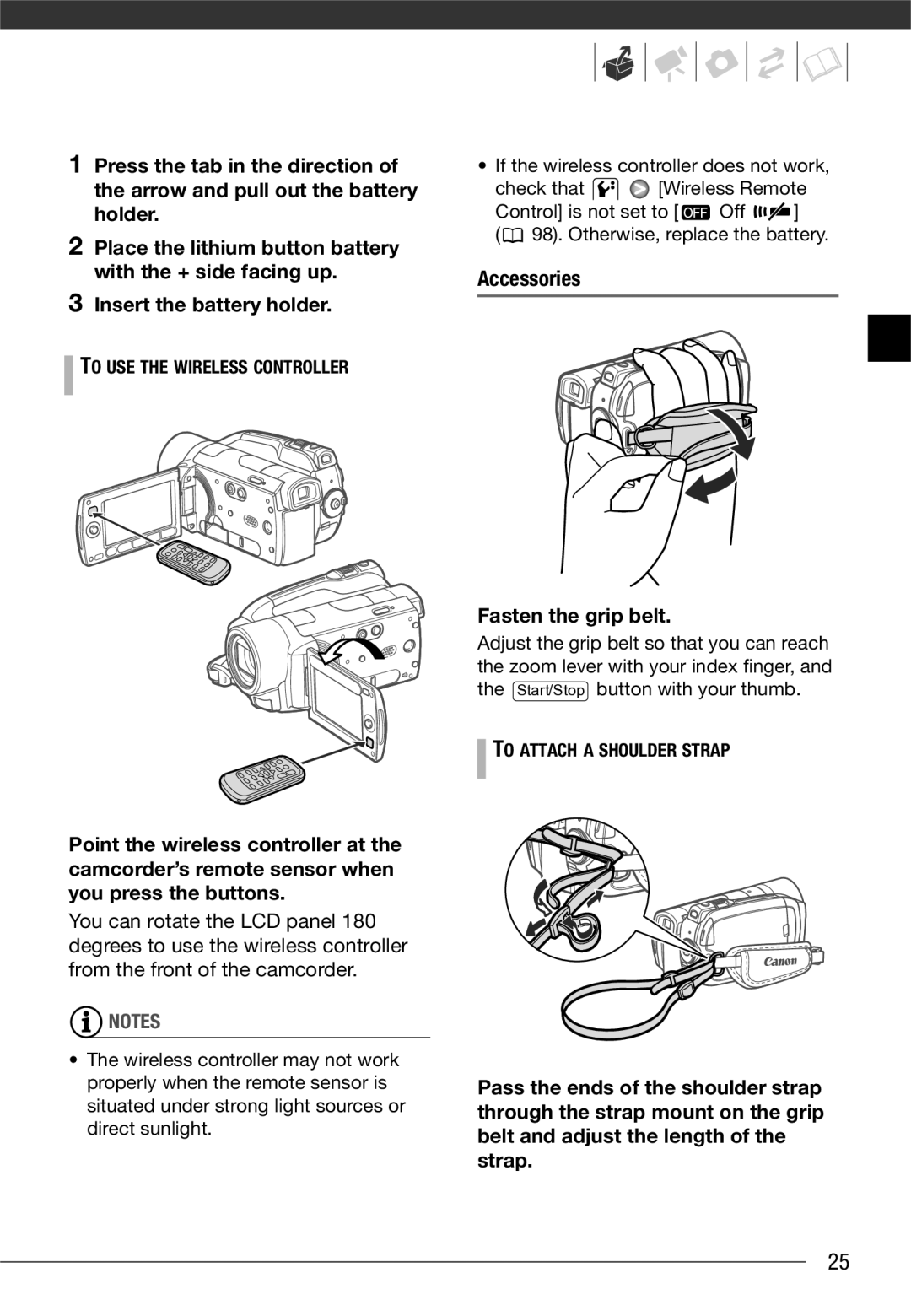 Canon VIXIA HG20, VIXIA HG21 instruction manual Insert the battery holder, Accessories Fasten the grip belt 