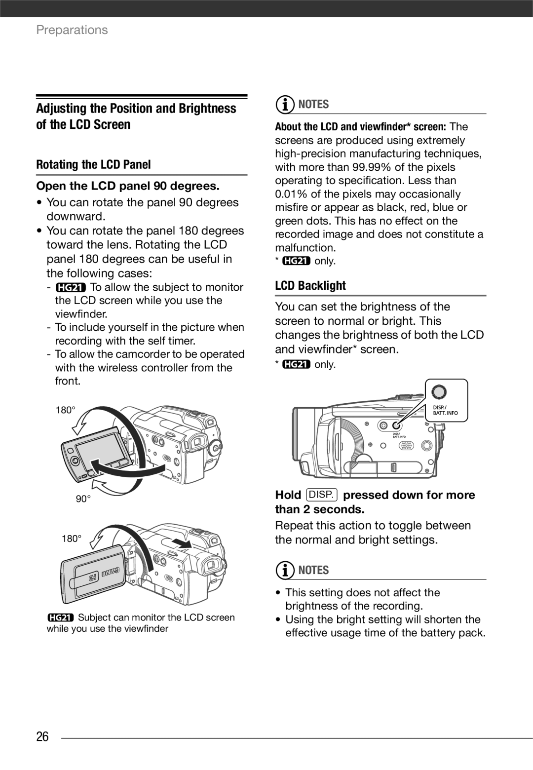 Canon VIXIA HG21, VIXIA HG20 instruction manual Adjusting the Position and Brightness of the LCD Screen, LCD Backlight 