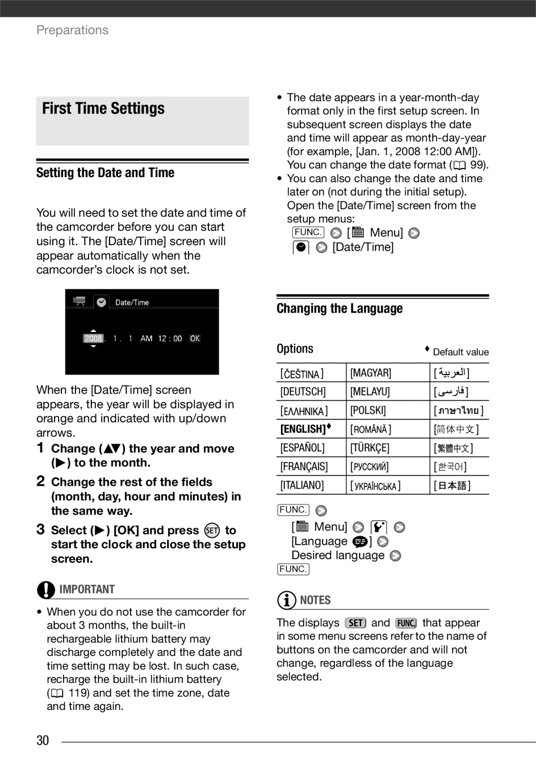 Canon VIXIA HG21 First Time Settings, Setting the Date and Time, Changing the Language, Menu Language Desired language 