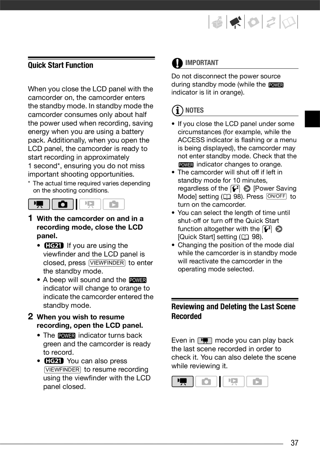 Canon VIXIA HG20, VIXIA HG21 instruction manual Quick Start Function, Reviewing and Deleting the Last Scene Recorded 