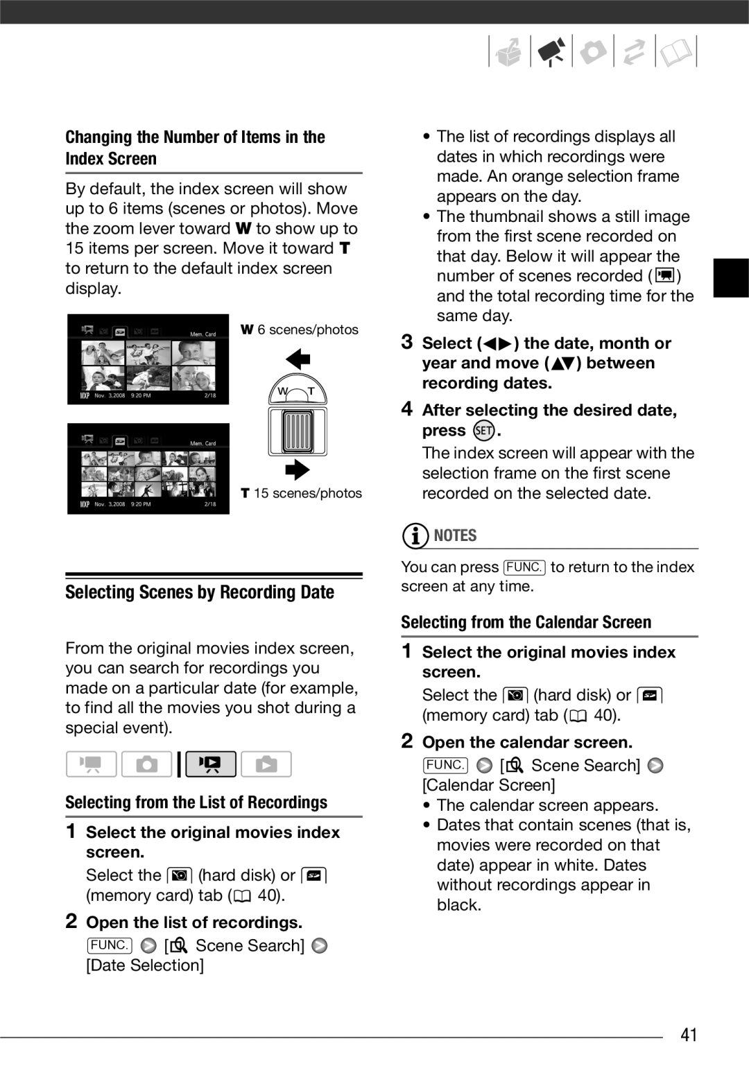 Canon VIXIA HG20, VIXIA HG21 Selecting Scenes by Recording Date, Changing the Number of Items in the Index Screen 