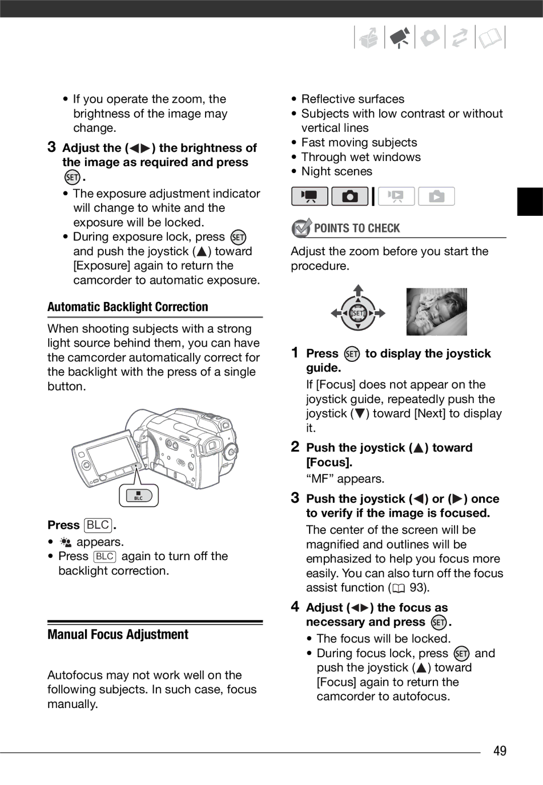 Canon VIXIA HG20 Manual Focus Adjustment, Automatic Backlight Correction, Press BLC, Push the joystick toward Focus 