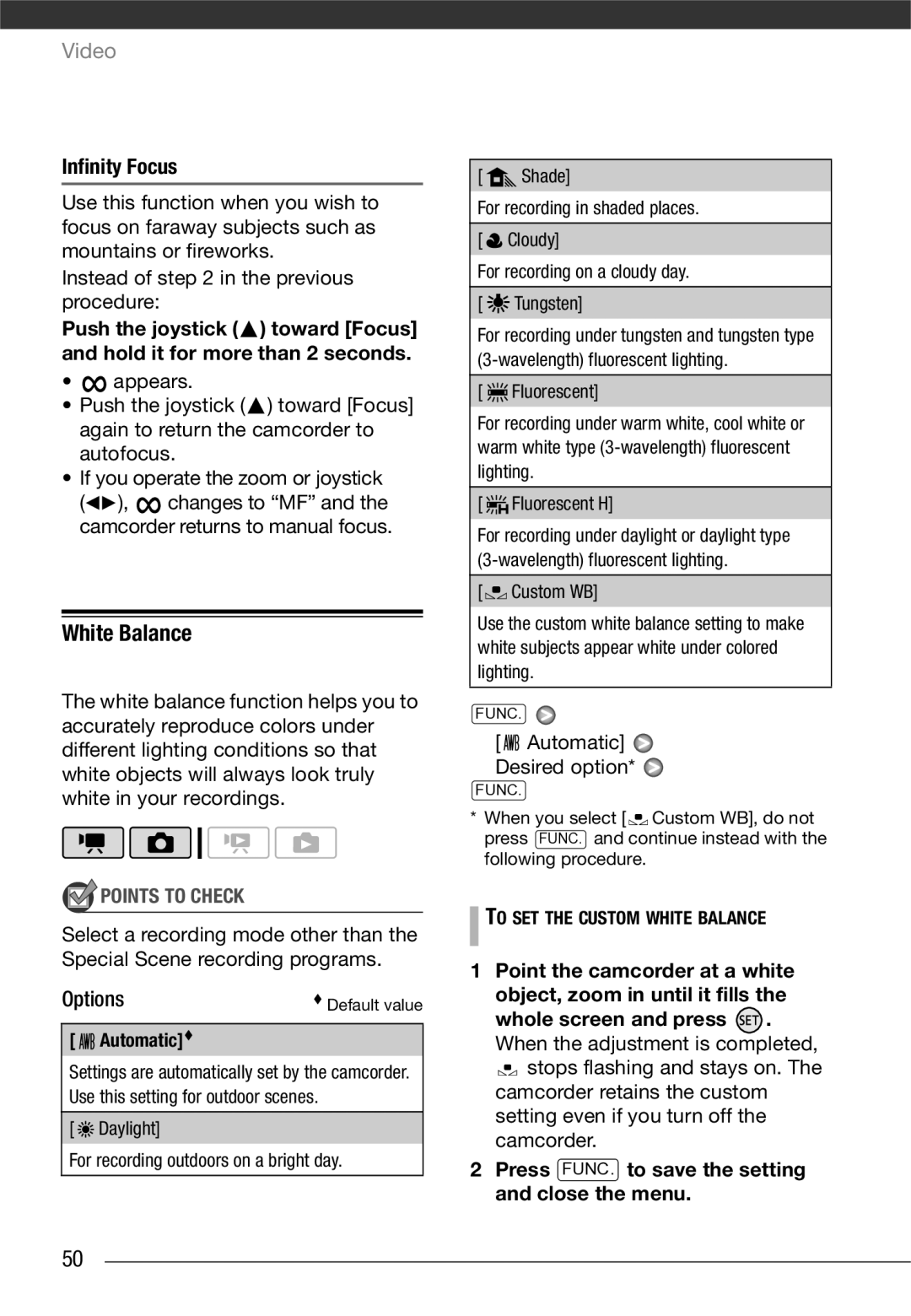 Canon VIXIA HG21, VIXIA HG20 instruction manual White Balance, Infinity Focus, Automatic Desired option, Automatic 