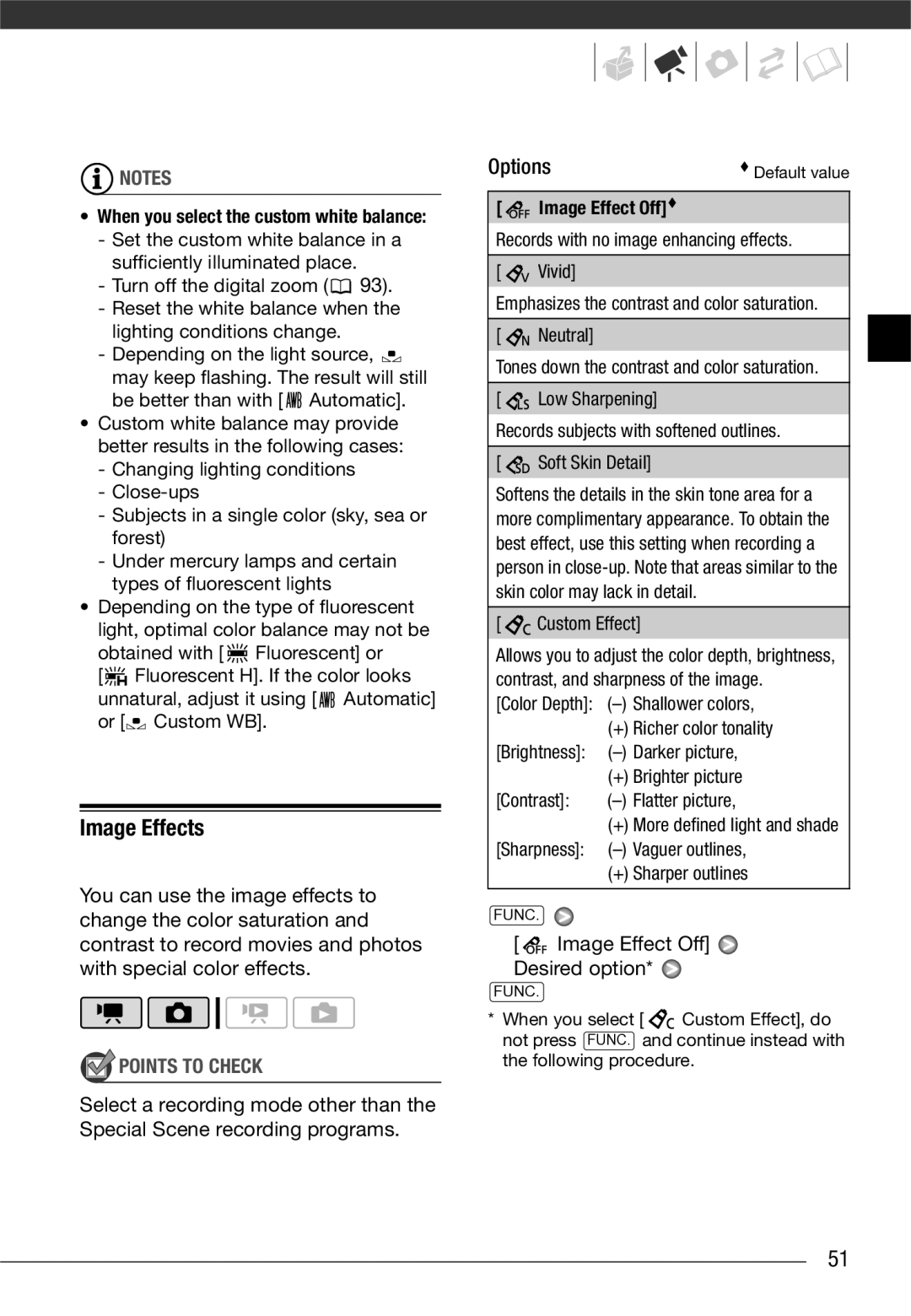 Canon VIXIA HG20, VIXIA HG21 Image Effects, Options, Image Effect Off Desired option, Image Effect Off, Custom Effect 