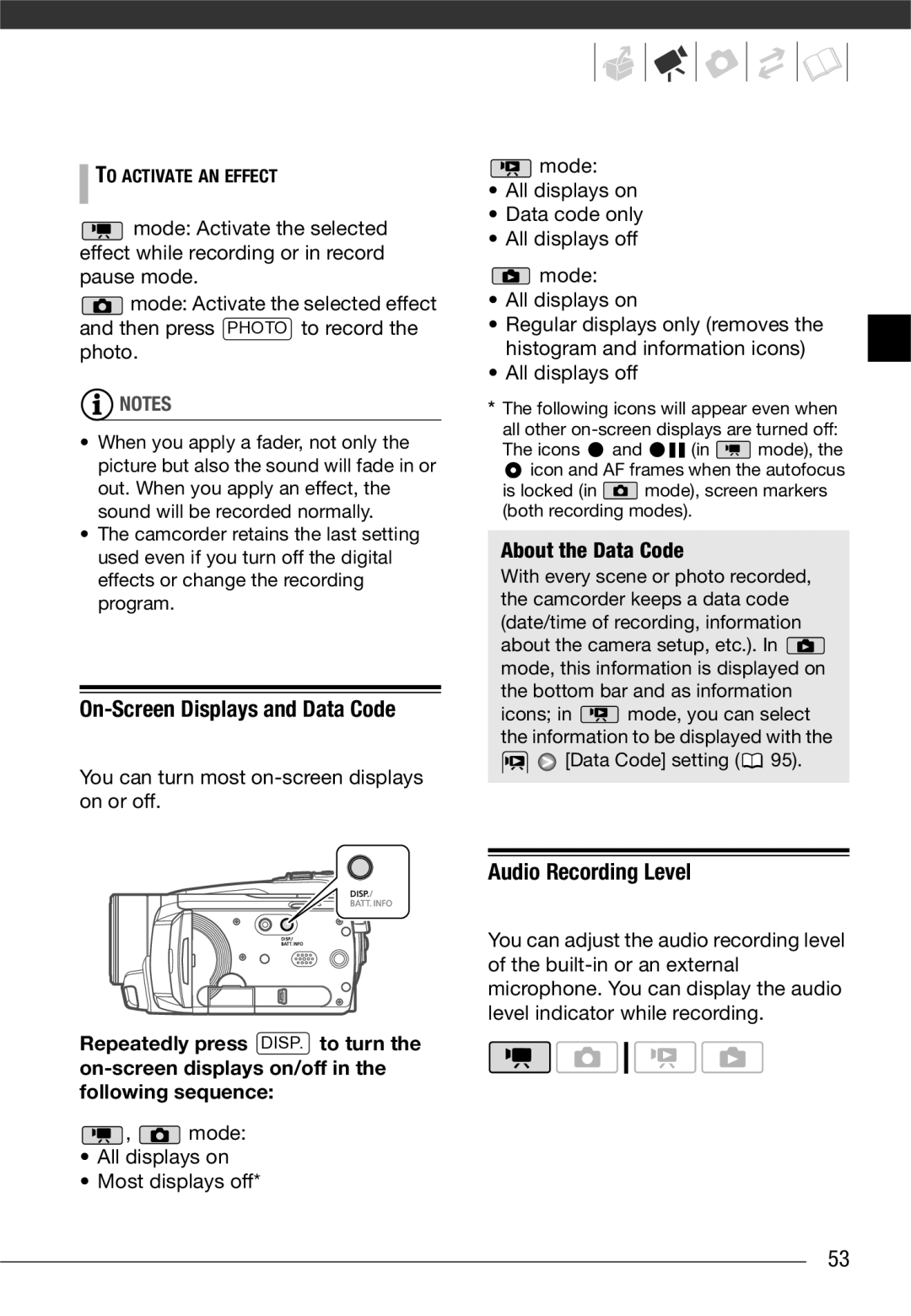 Canon VIXIA HG20 On-Screen Displays and Data Code, Audio Recording Level, About the Data Code, Data Code setting 