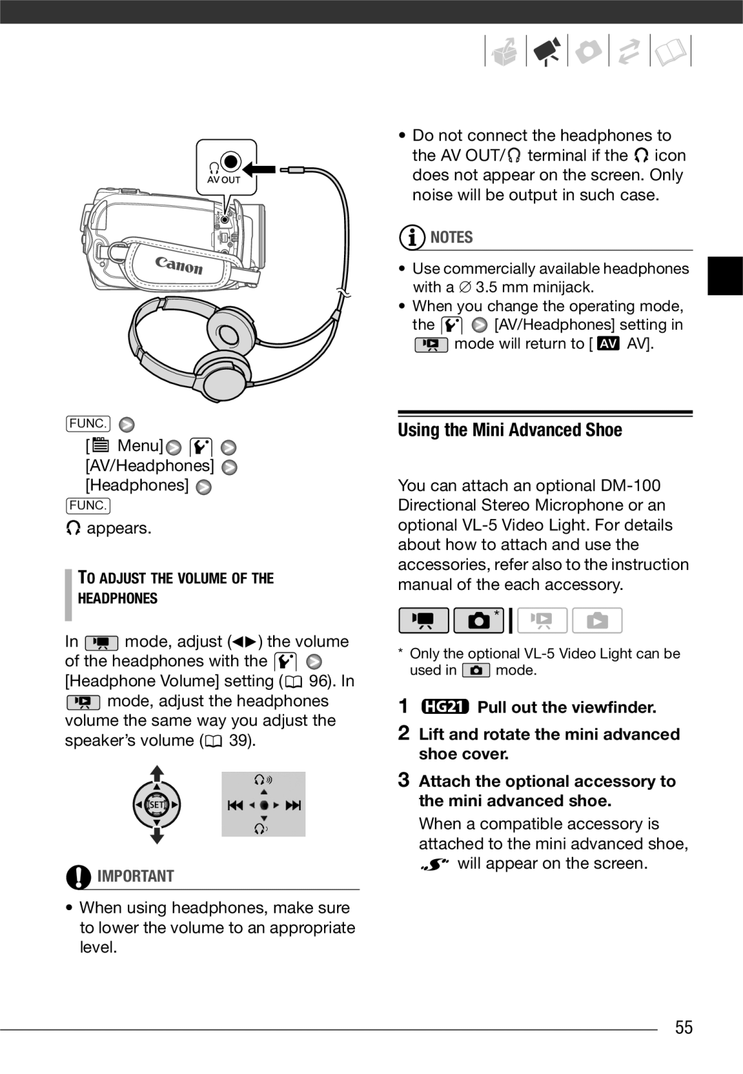 Canon VIXIA HG20, VIXIA HG21 instruction manual Using the Mini Advanced Shoe, Menu AV/Headphones Headphones 