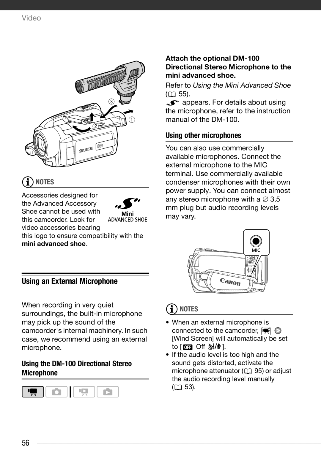 Canon VIXIA HG21 Using an External Microphone, Using other microphones, Mm plug but audio recording levels may vary 