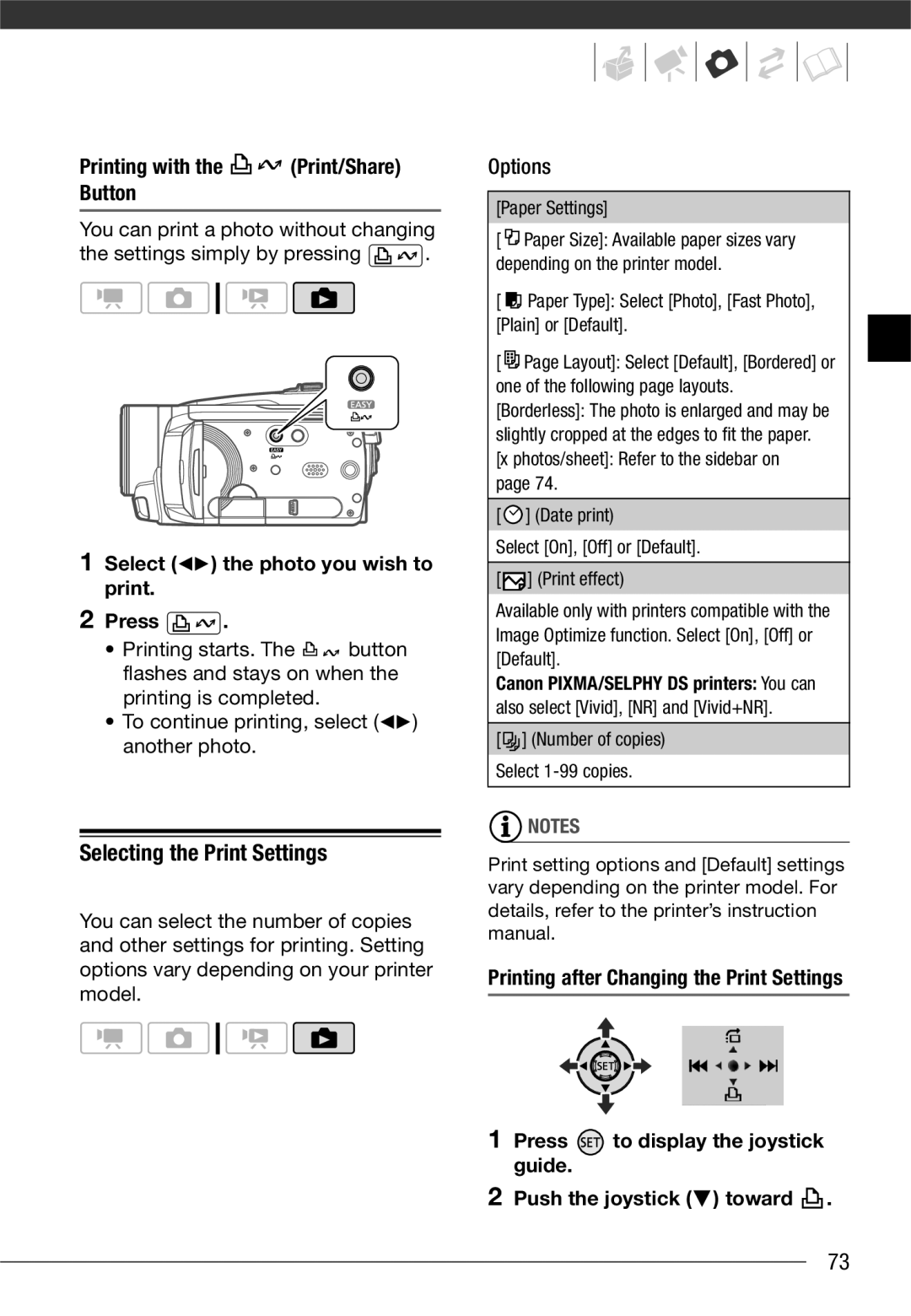 Canon VIXIA HG20, VIXIA HG21 instruction manual Selecting the Print Settings, Printing with the Print/Share Button 