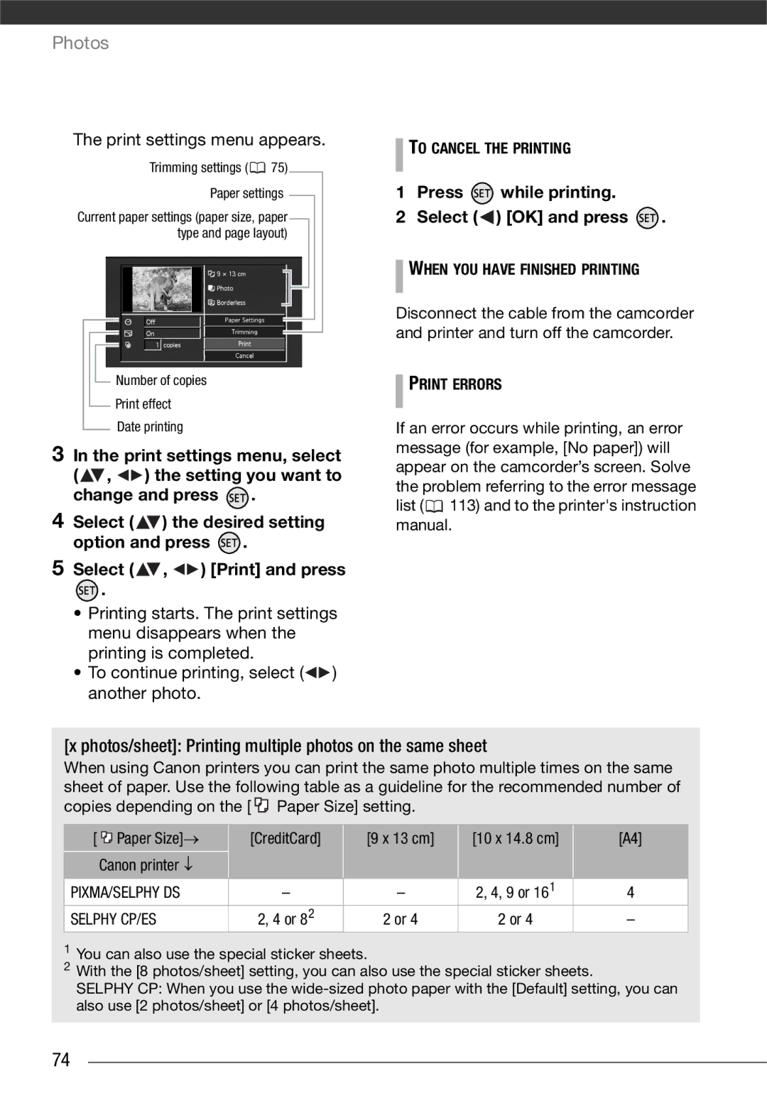 Canon VIXIA HG21, VIXIA HG20 instruction manual Print settings menu appears, Press while printing Select OK and press 