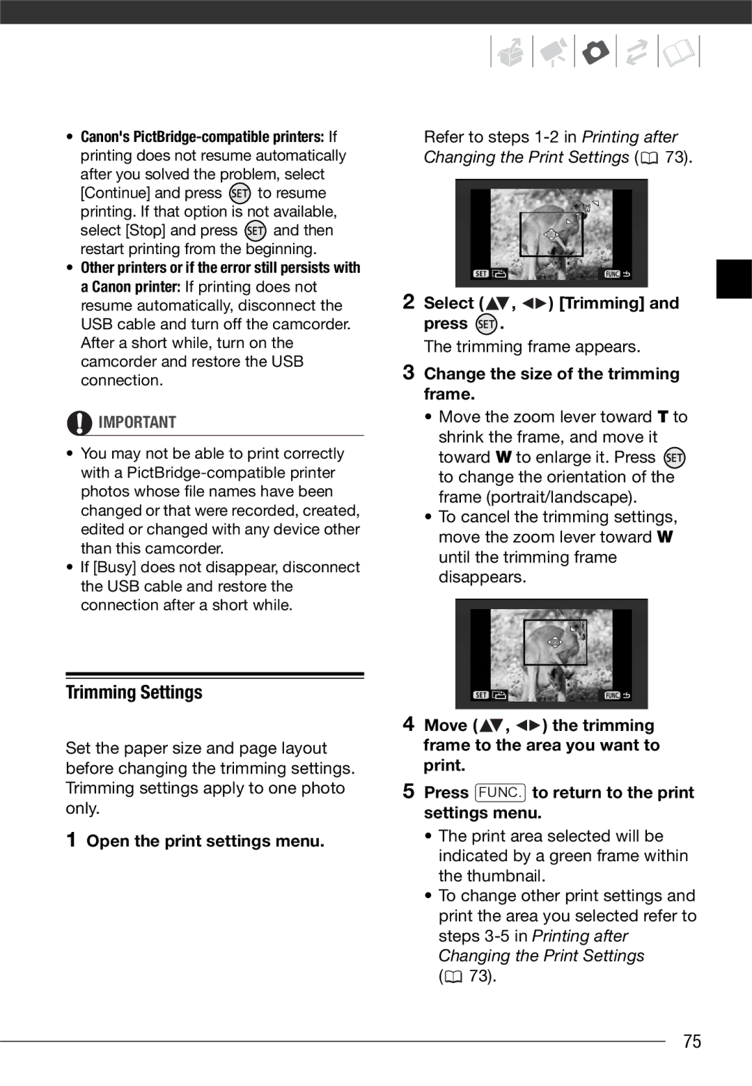 Canon VIXIA HG20 Trimming Settings, Open the print settings menu, Select , Trimming Press, Trimming frame appears 