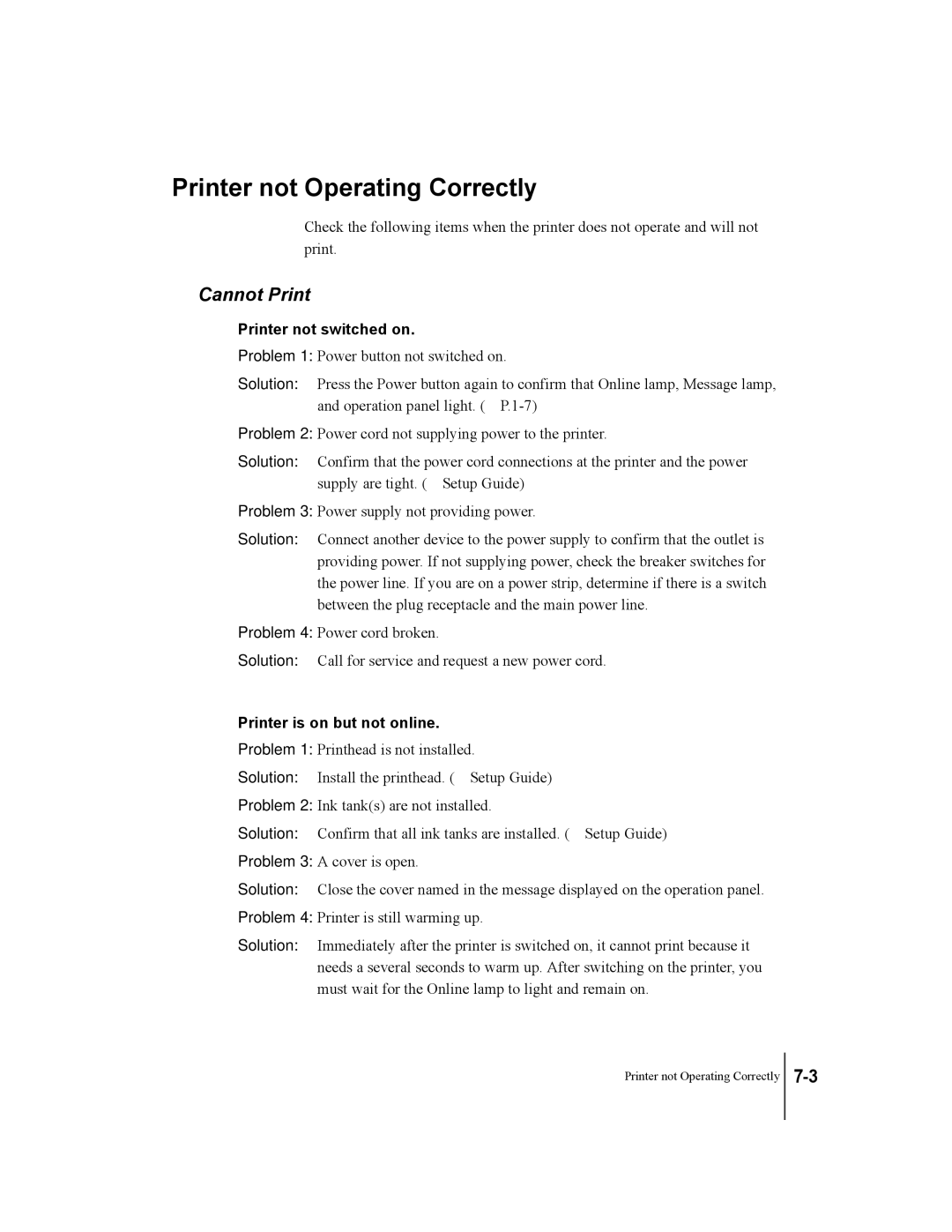 Canon W2200 manual Printer not Operating Correctly, Cannot Print, Printer not switched on, Printer is on but not online 