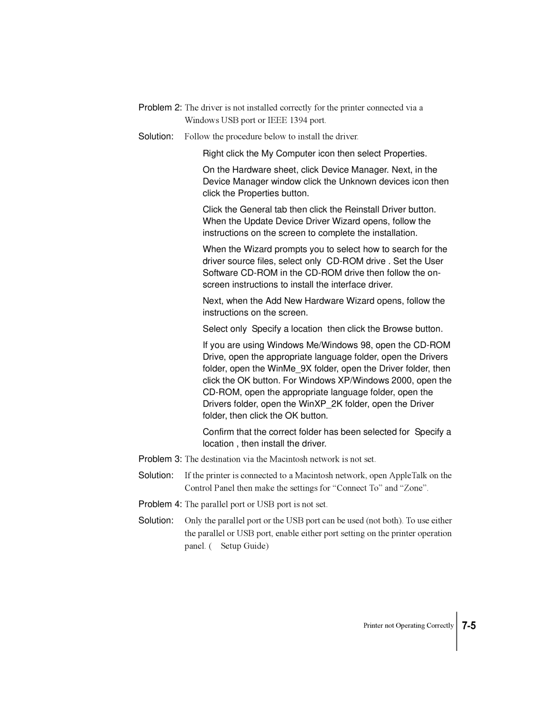 Canon W2200 manual Printer not Operating Correctly 