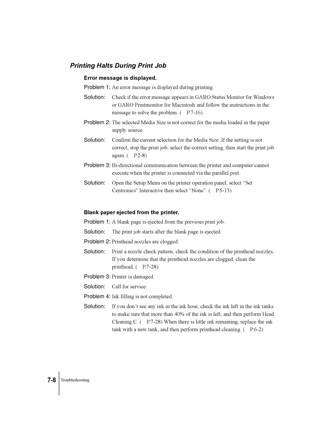 Canon W2200 manual Printing Halts During Print Job, Blank paper ejected from the printer 