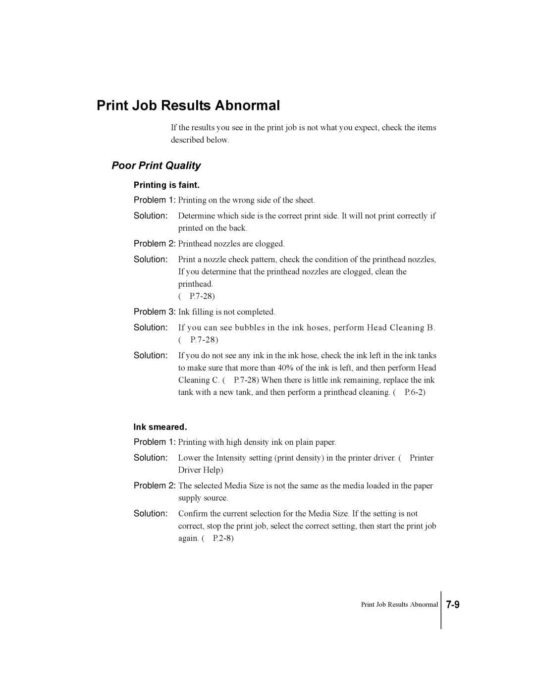 Canon W2200 manual Print Job Results Abnormal, Poor Print Quality, Printing is faint, Ink smeared 