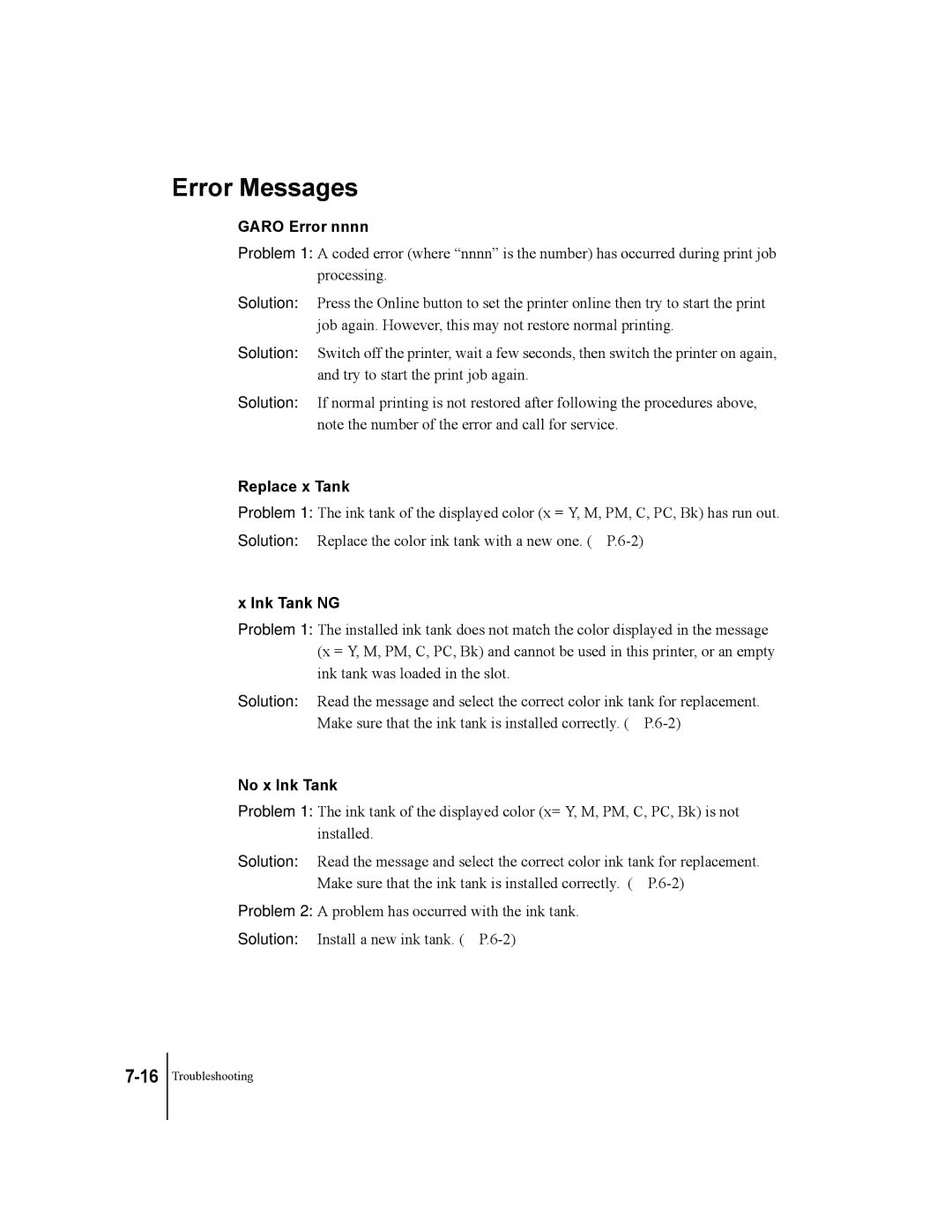 Canon W2200 manual Error Messages, Garo Error nnnn, Replace x Tank, Ink Tank NG, No x Ink Tank 