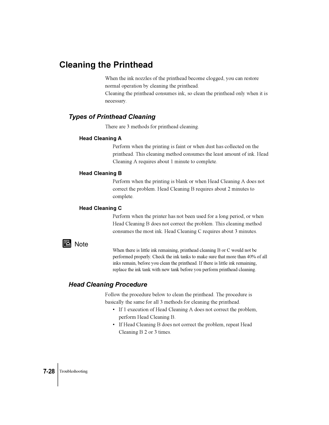 Canon W2200 manual Cleaning the Printhead, Types of Printhead Cleaning, Head Cleaning Procedure 