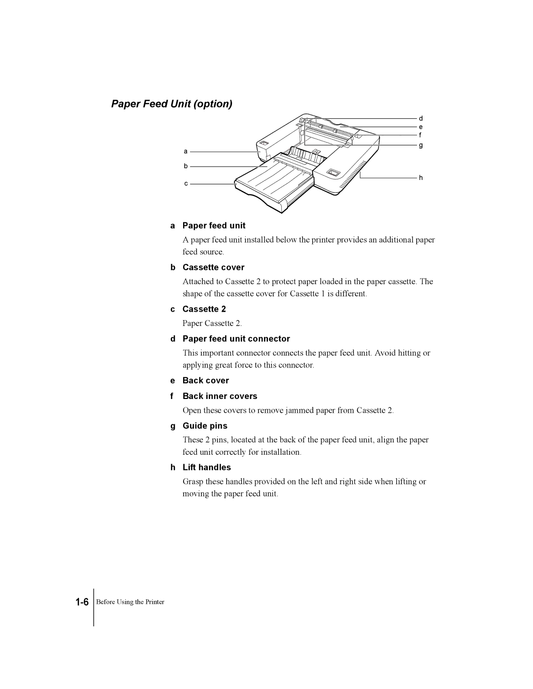 Canon W2200 manual Paper Feed Unit option, Paper feed unit connector, Back cover Back inner covers, Guide pins 