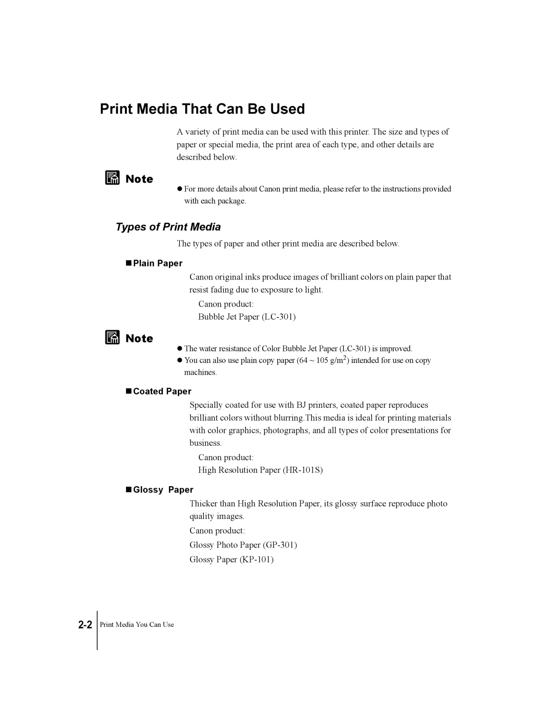 Canon W2200 manual Print Media That Can Be Used, Types of Print Media, Plain Paper, Coated Paper, Glossy Paper 