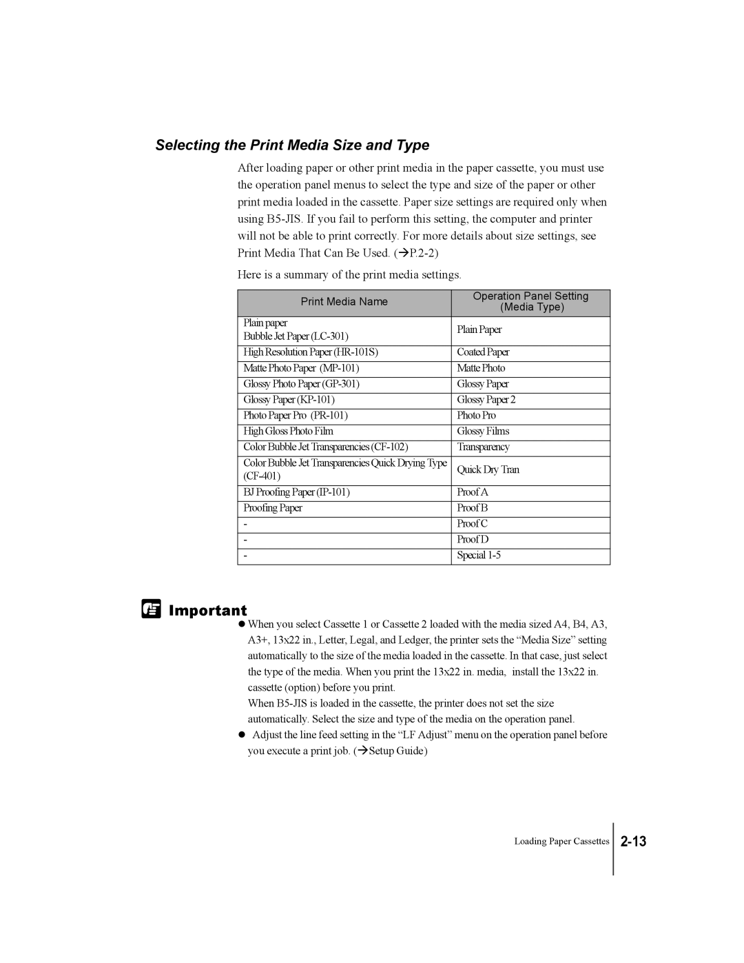 Canon W2200 manual Selecting the Print Media Size and Type, Print Media Name Operation Panel Setting Media Type 