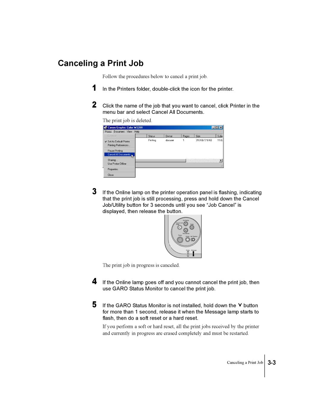 Canon W2200 manual Canceling a Print Job 