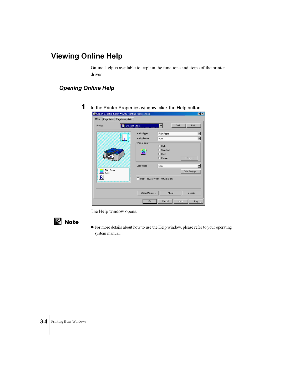 Canon W2200 manual Viewing Online Help, Opening Online Help, Printer Properties window, click the Help button 