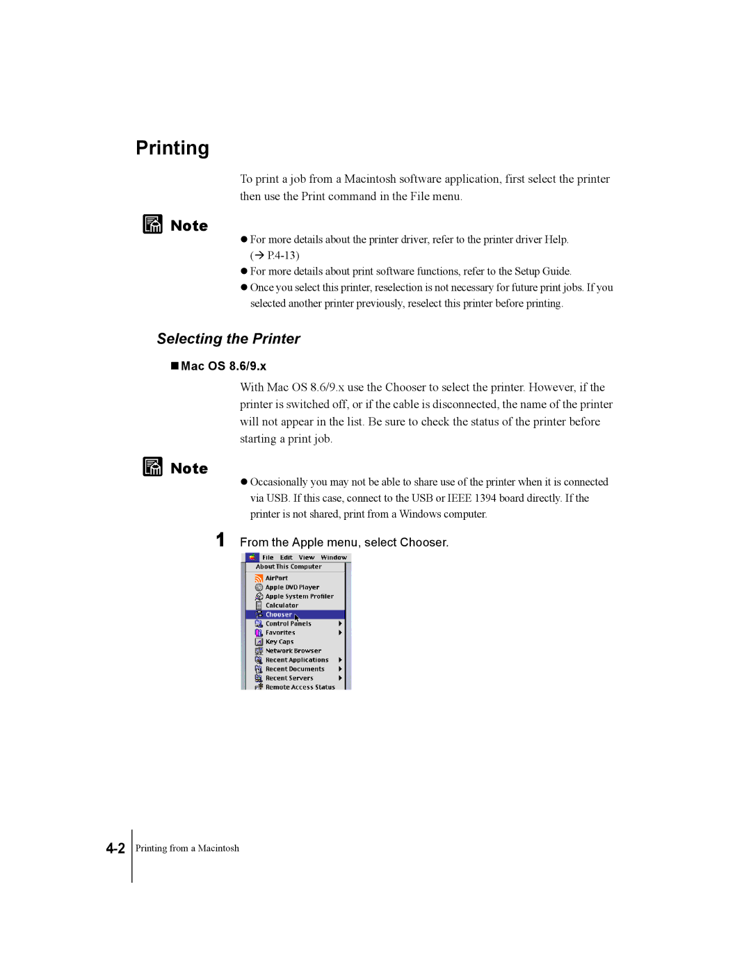 Canon W2200 manual Selecting the Printer, Mac OS 8.6/9.x, From the Apple menu, select Chooser 