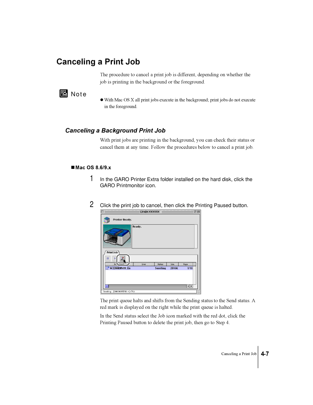 Canon W2200 manual Canceling a Print Job, Canceling a Background Print Job 