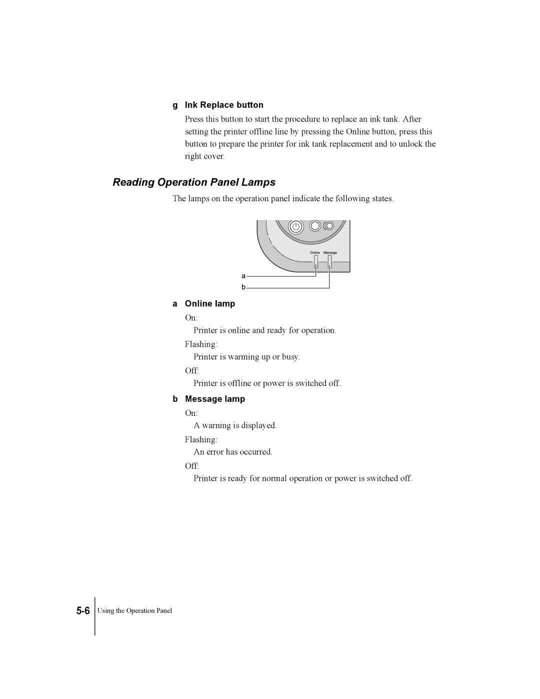 Canon W2200 manual Reading Operation Panel Lamps, Ink Replace button, Online lamp, Message lamp 