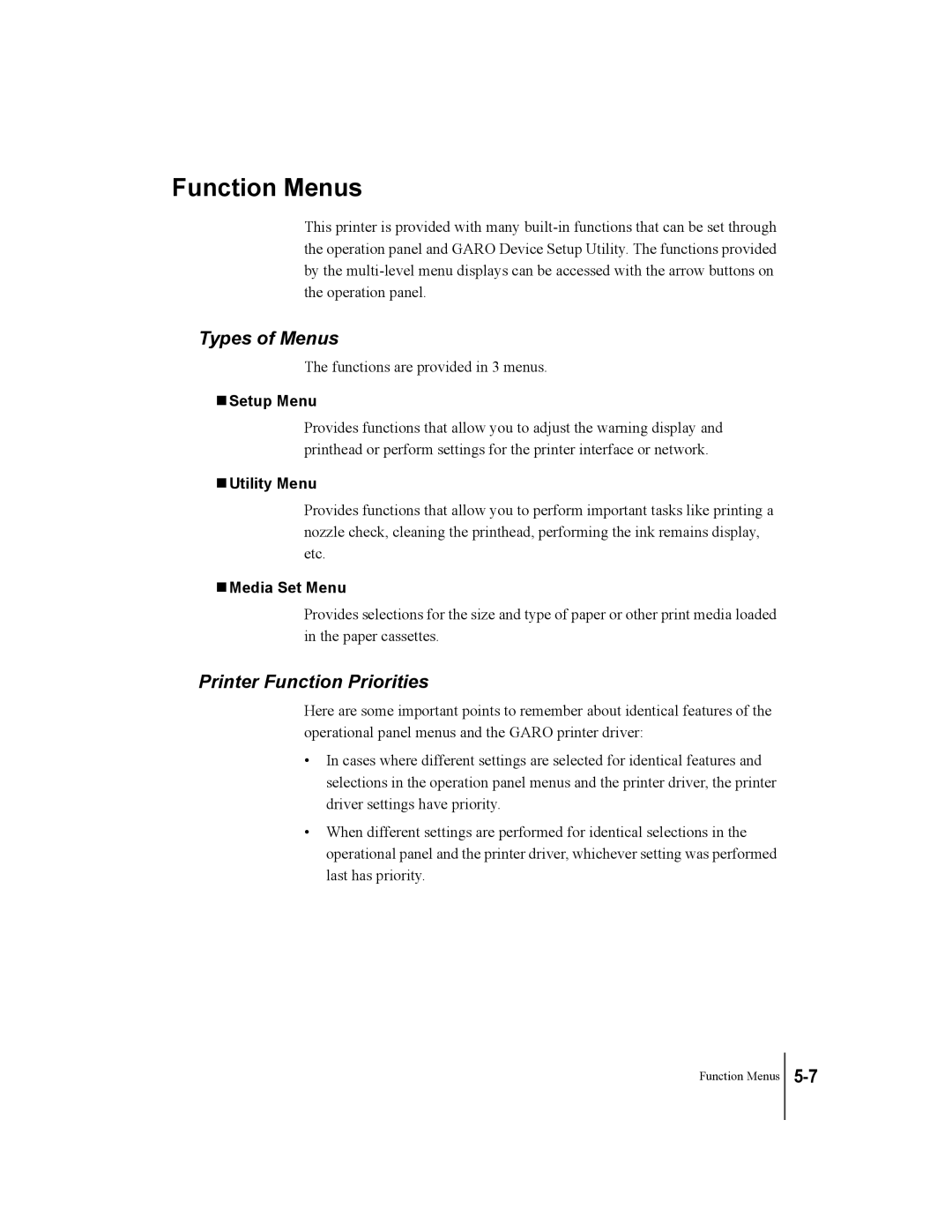 Canon W2200 manual Function Menus, Types of Menus, Printer Function Priorities 