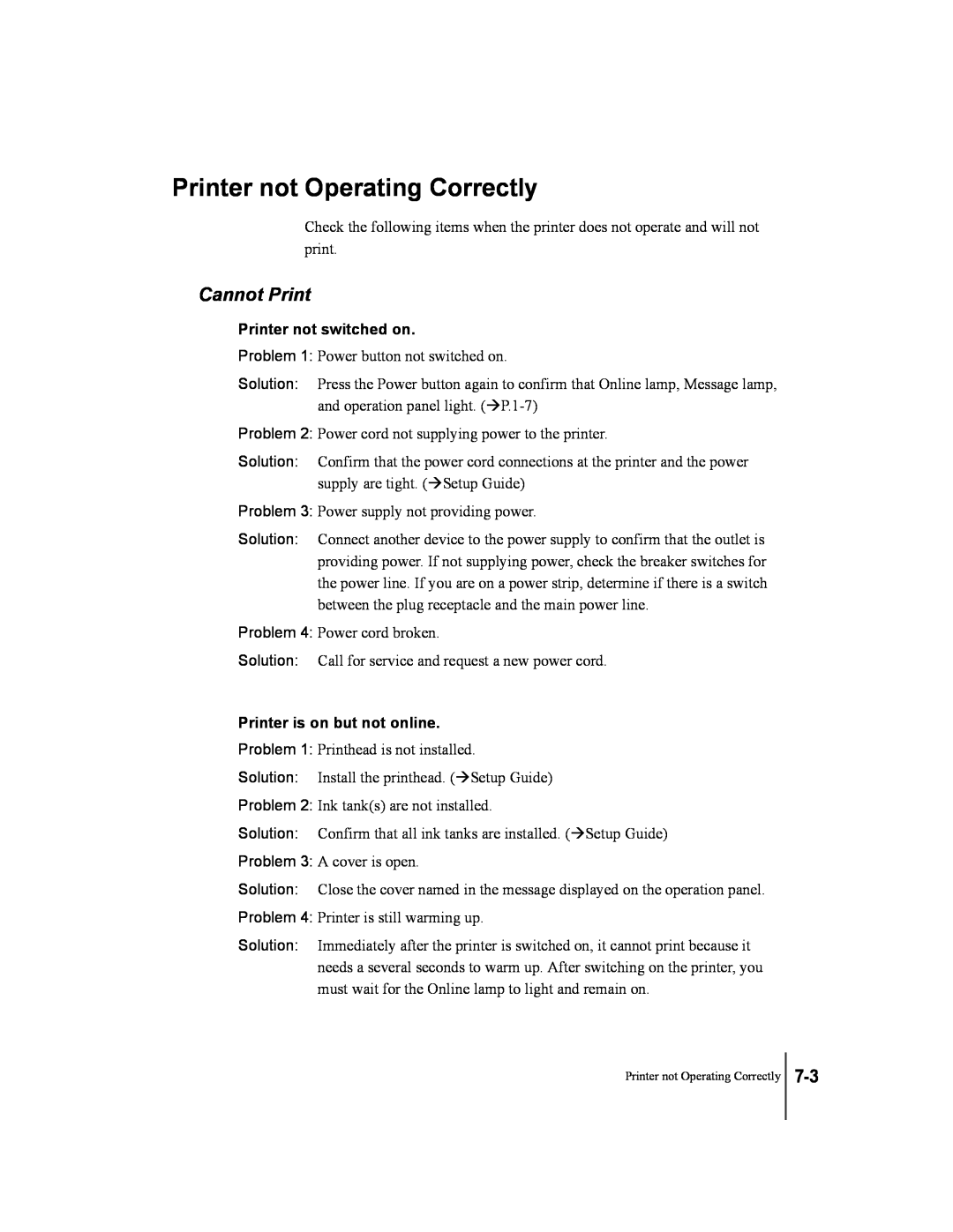 Canon W2200 manual Printer not Operating Correctly, Cannot Print, Printer not switched on, Printer is on but not online 