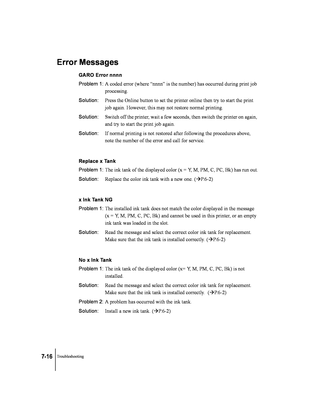 Canon W2200 manual Error Messages, 7-16, GARO Error nnnn, Replace x Tank, x Ink Tank NG, No x Ink Tank 