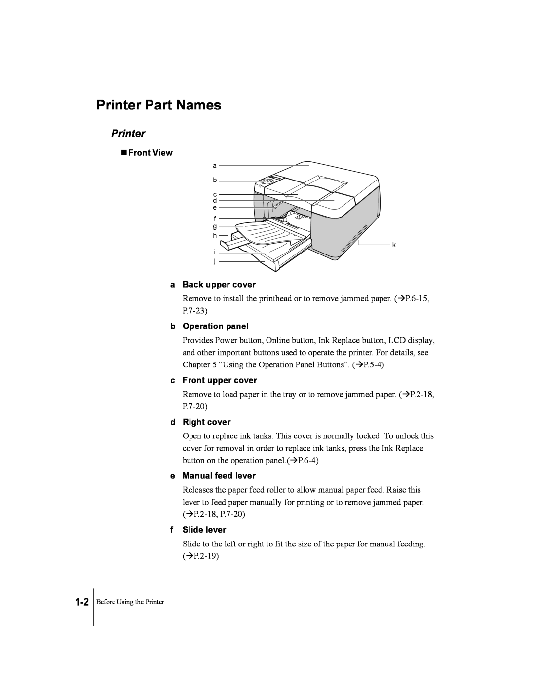 Canon W2200 Printer Part Names, T Front View, a Back upper cover, b Operation panel, c Front upper cover, d Right cover 
