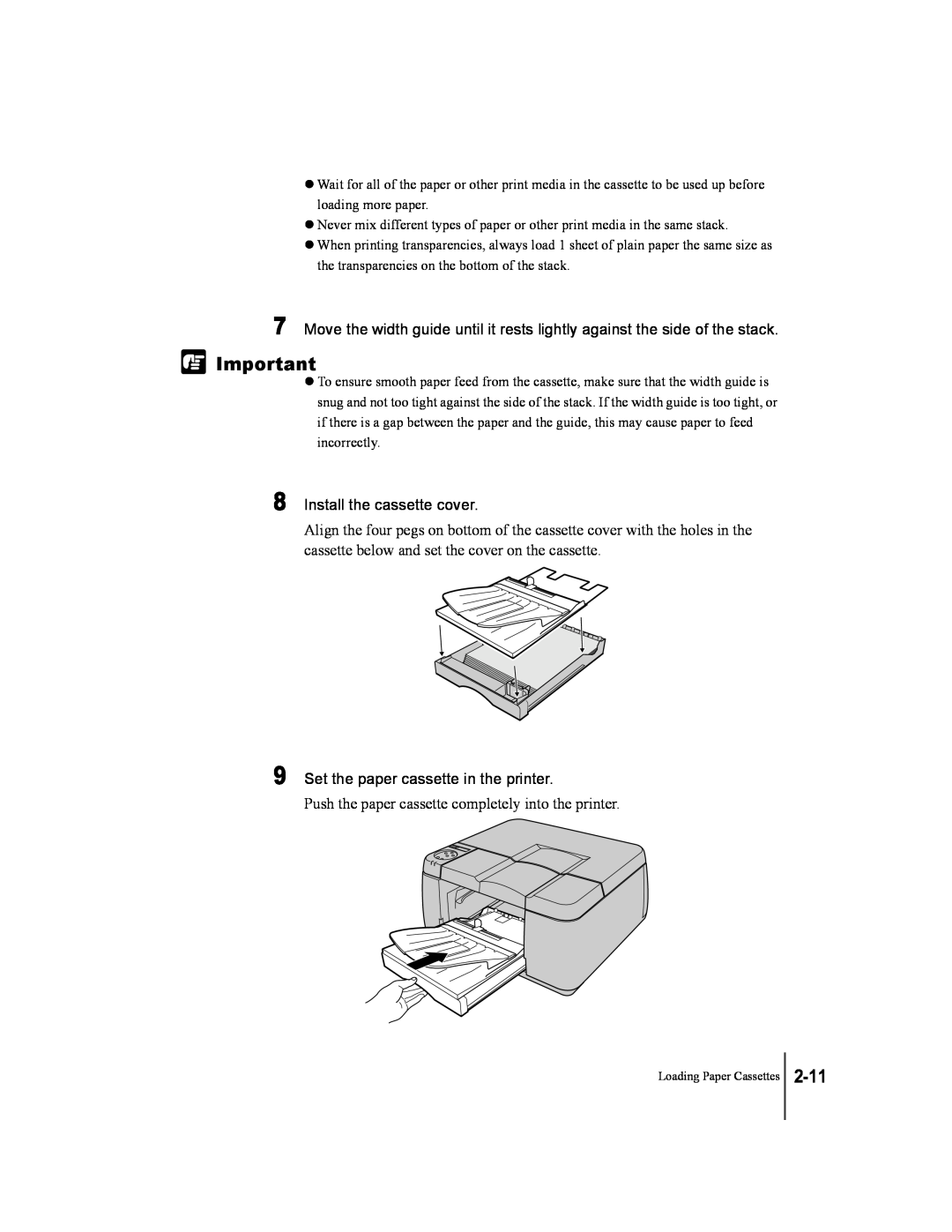 Canon W2200 manual 2-11, Install the cassette cover, Set the paper cassette in the printer 