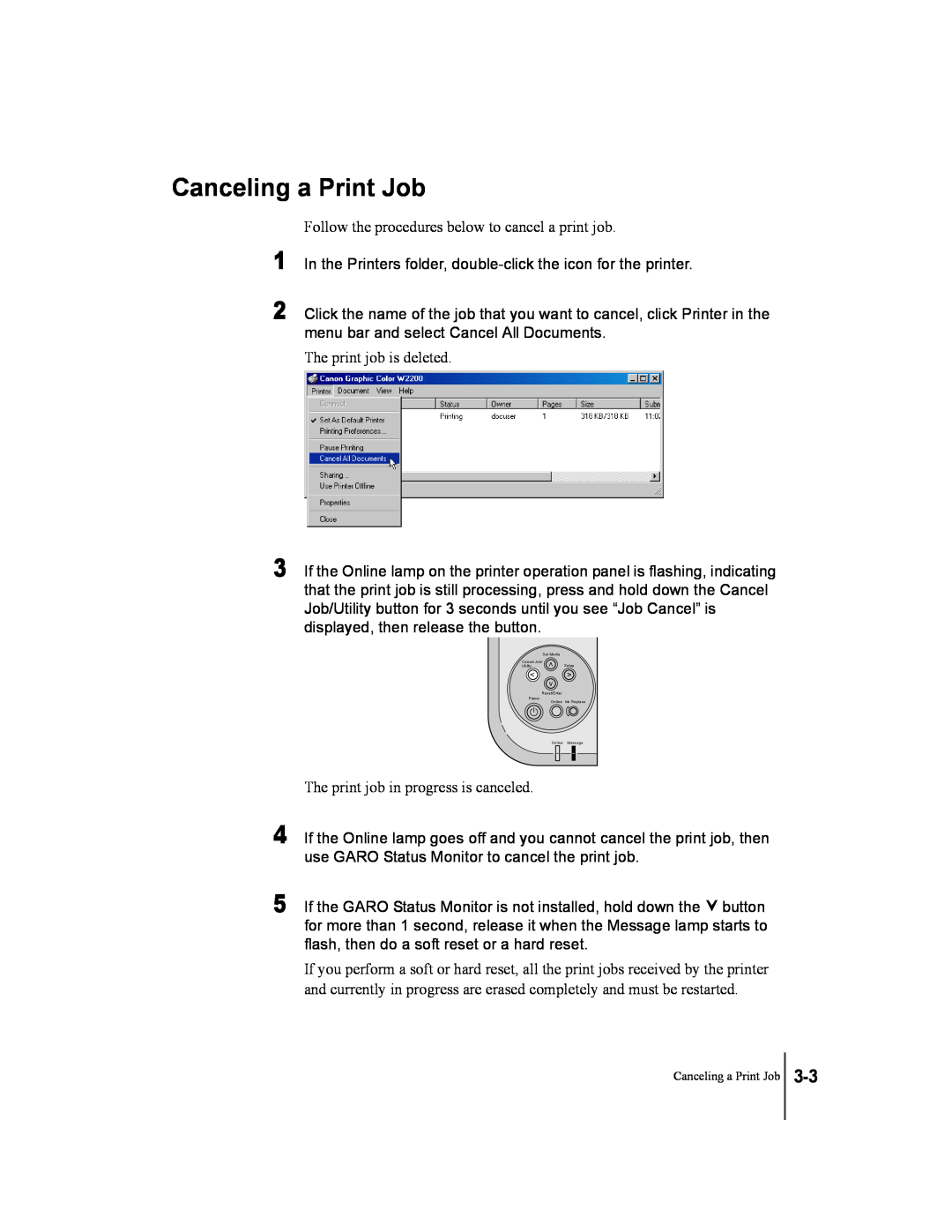 Canon W2200 manual Canceling a Print Job 