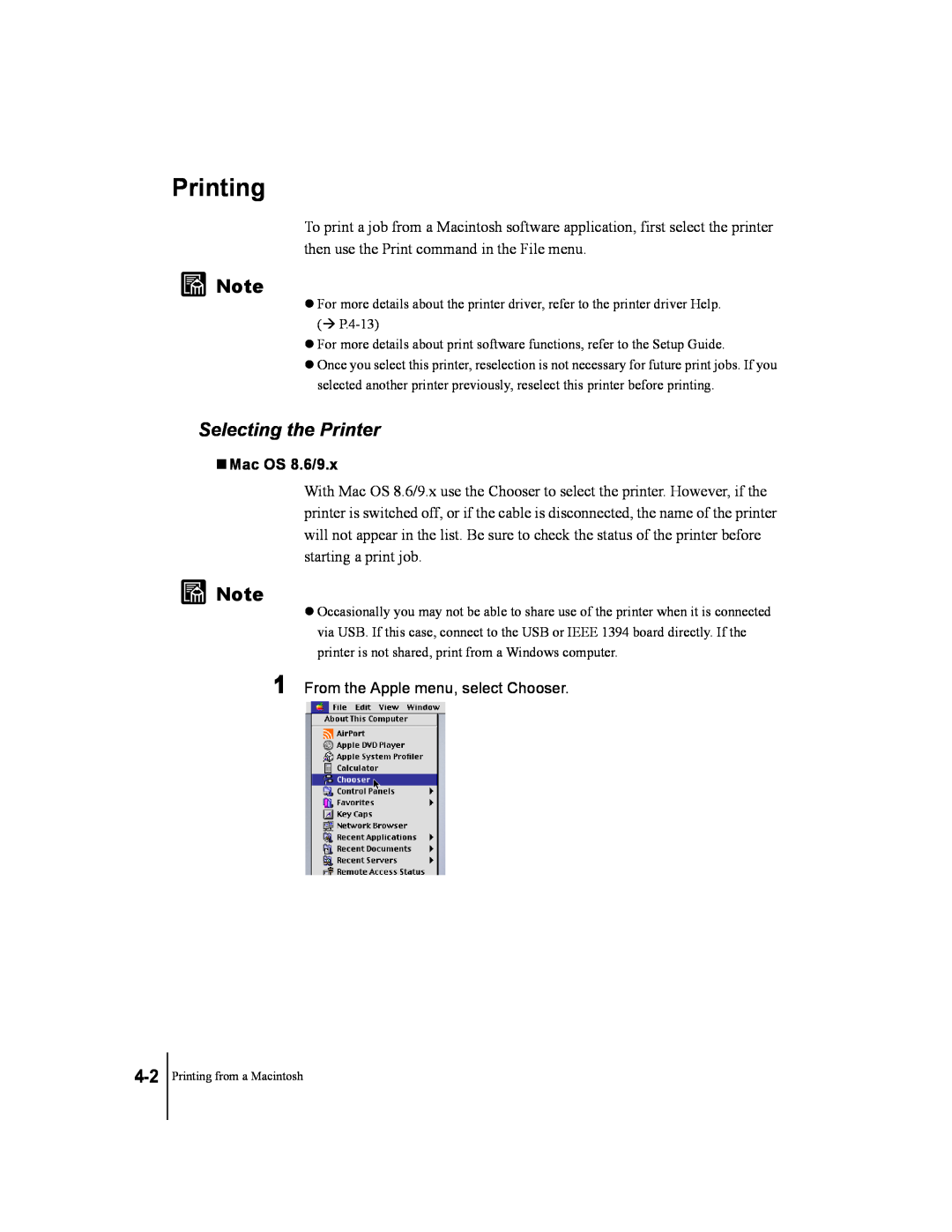 Canon W2200 manual Selecting the Printer, T Mac OS 8.6/9.x, Printing 