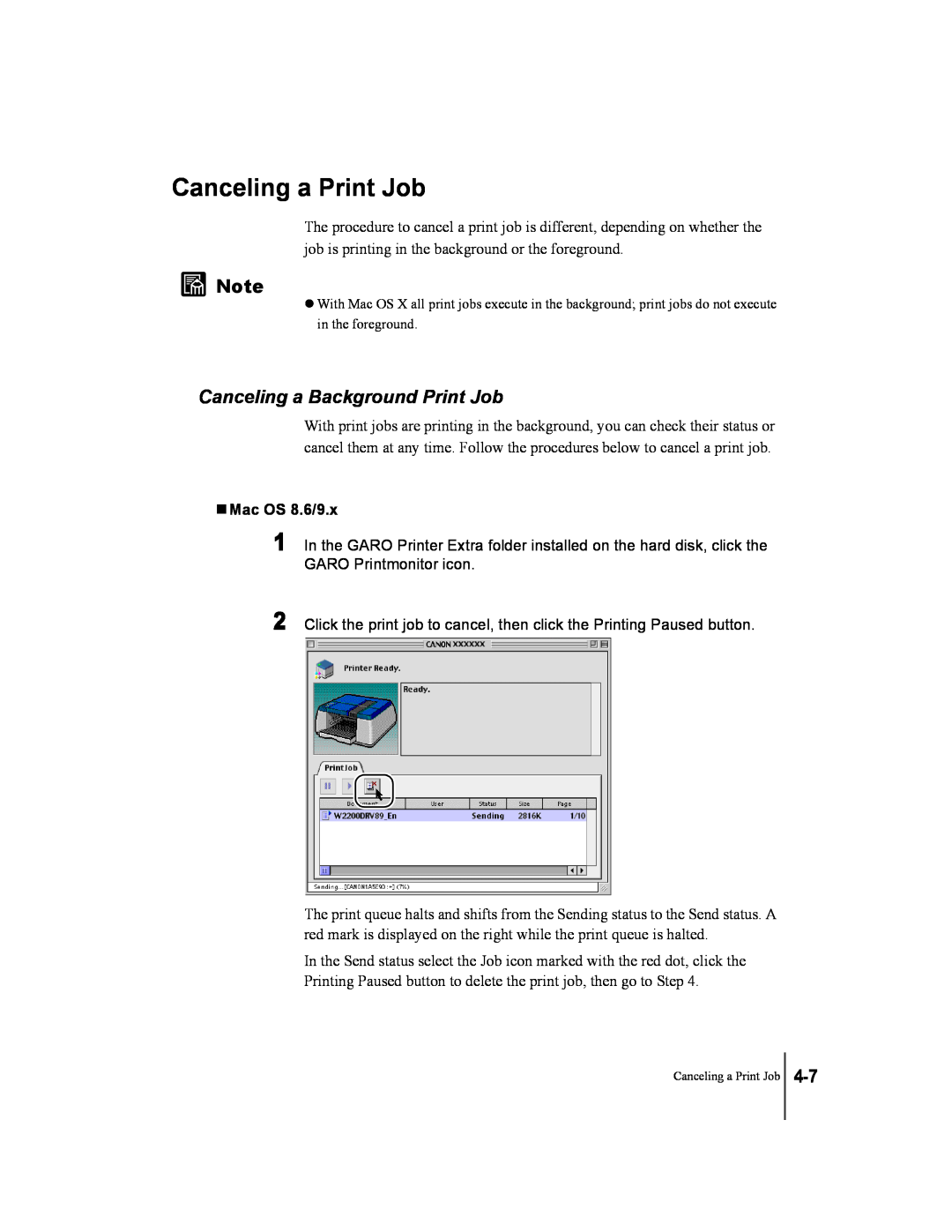 Canon W2200 manual Canceling a Background Print Job, Canceling a Print Job, T Mac OS 8.6/9.x 