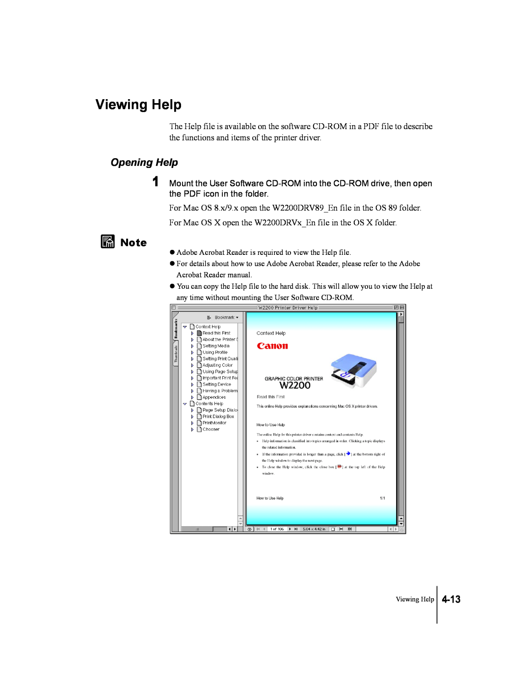 Canon W2200 manual Viewing Help, Opening Help, 4-13 