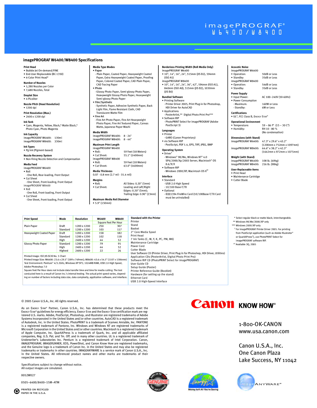 Canon W6400 manual Canon U.S.A., Inc One Canon Plaza Lake Success, NY 