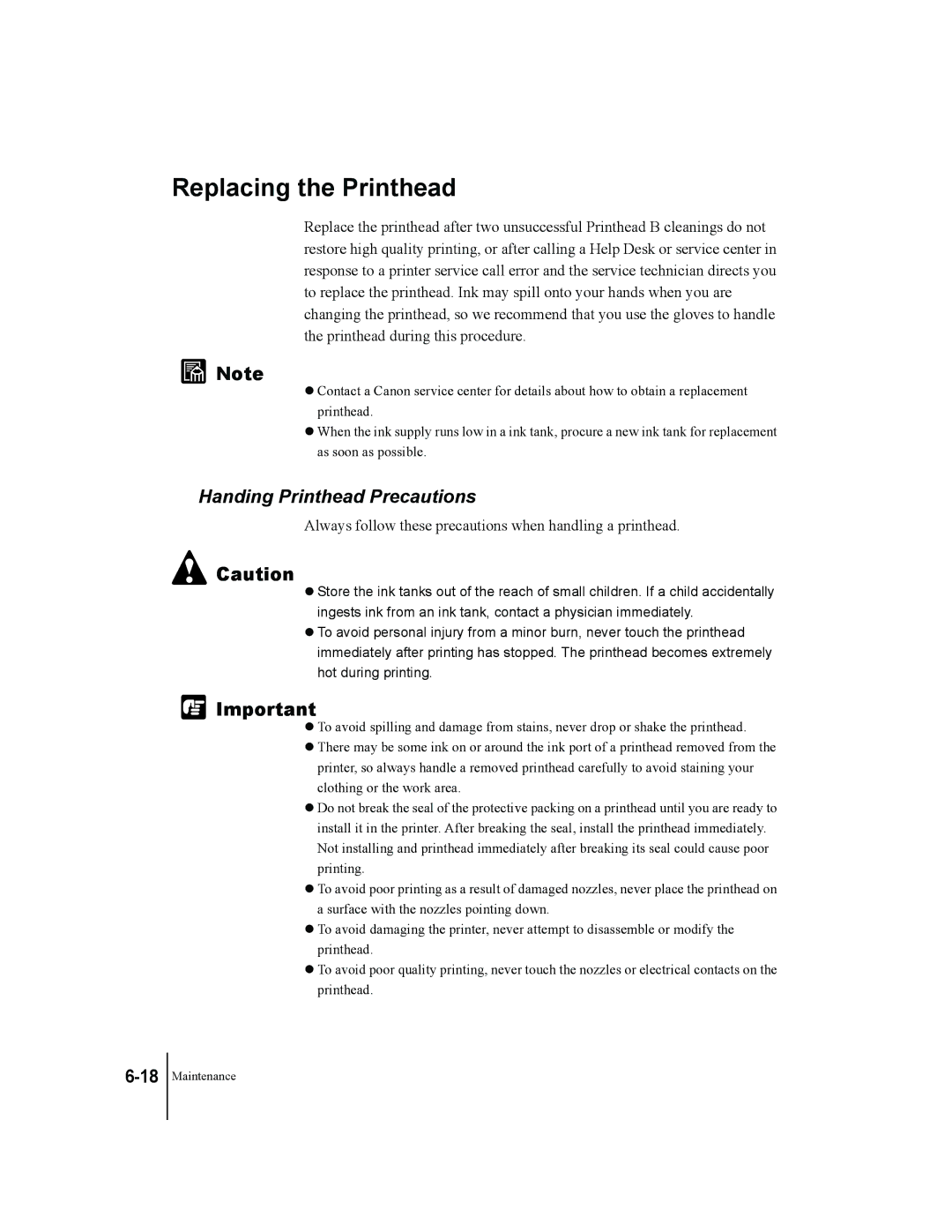 Canon W7200, W7250 manual Replacing the Printhead, Handing Printhead Precautions 