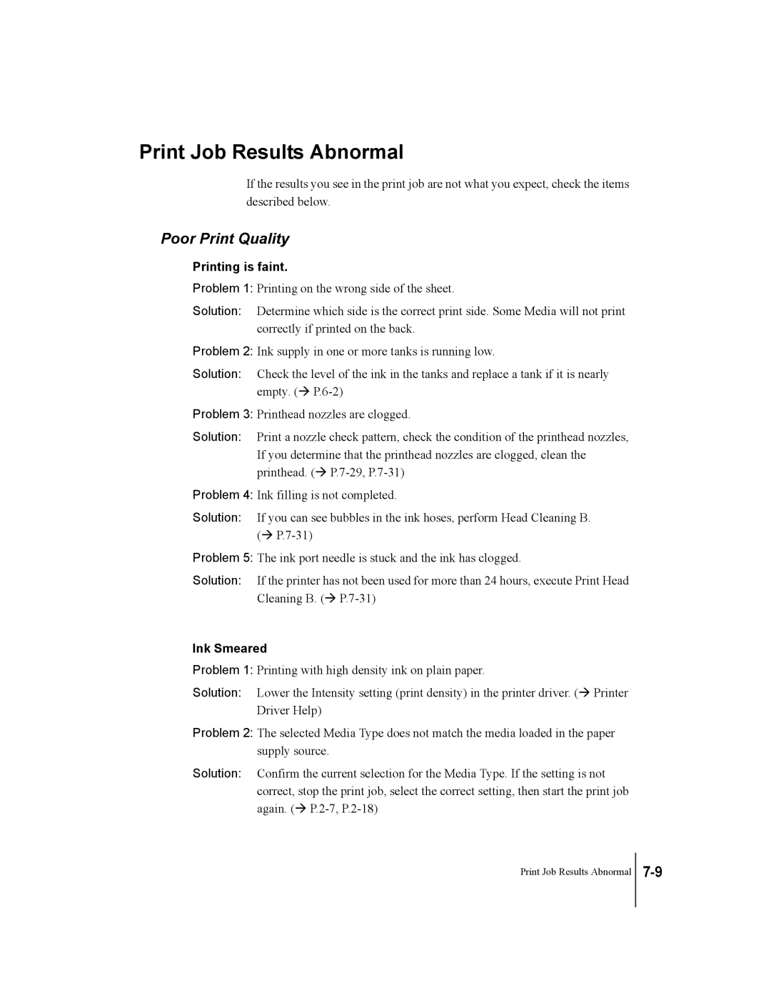 Canon W7250, W7200 manual Print Job Results Abnormal, Poor Print Quality, Printing is faint, Ink Smeared 