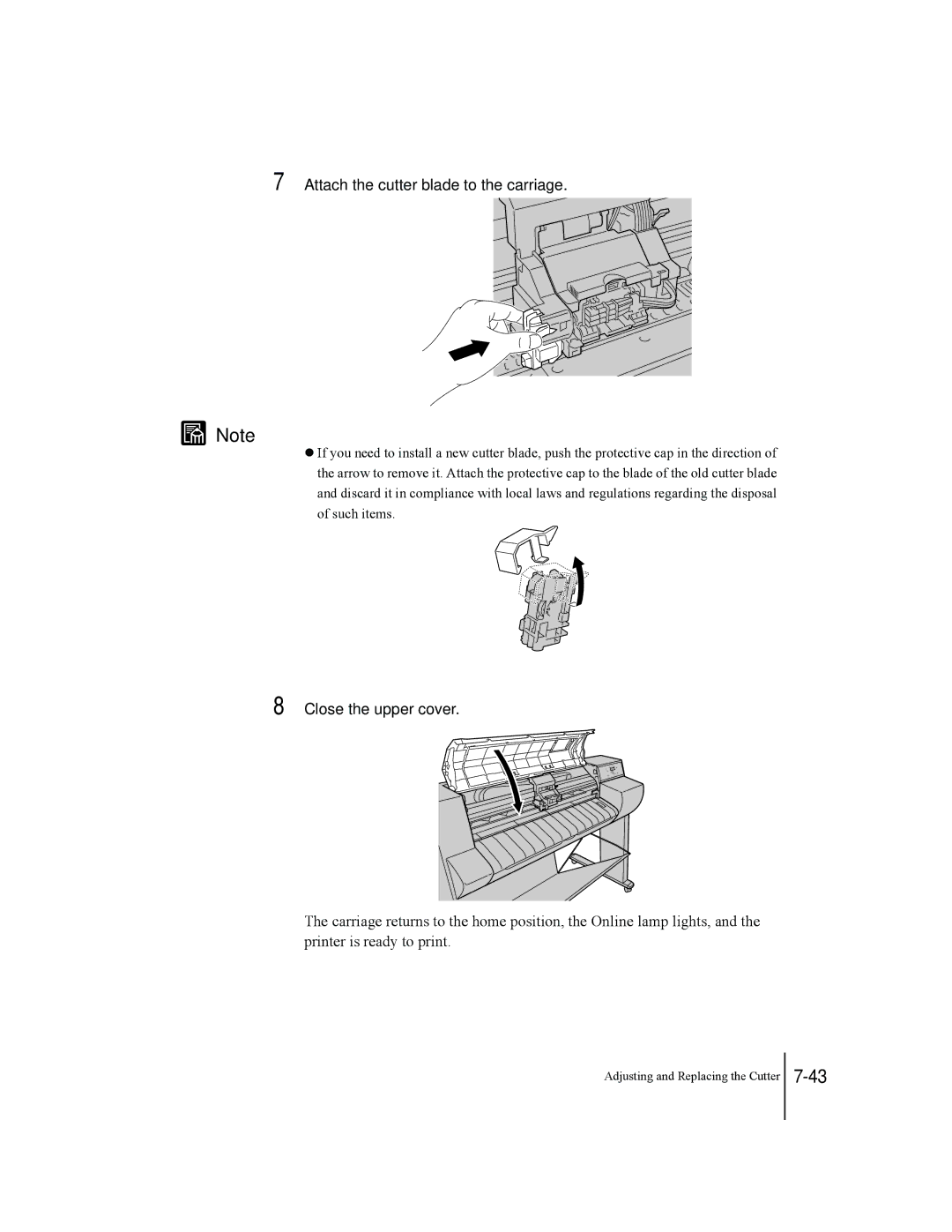 Canon W7250, W7200 manual Attach the cutter blade to the carriage, Close the upper cover 