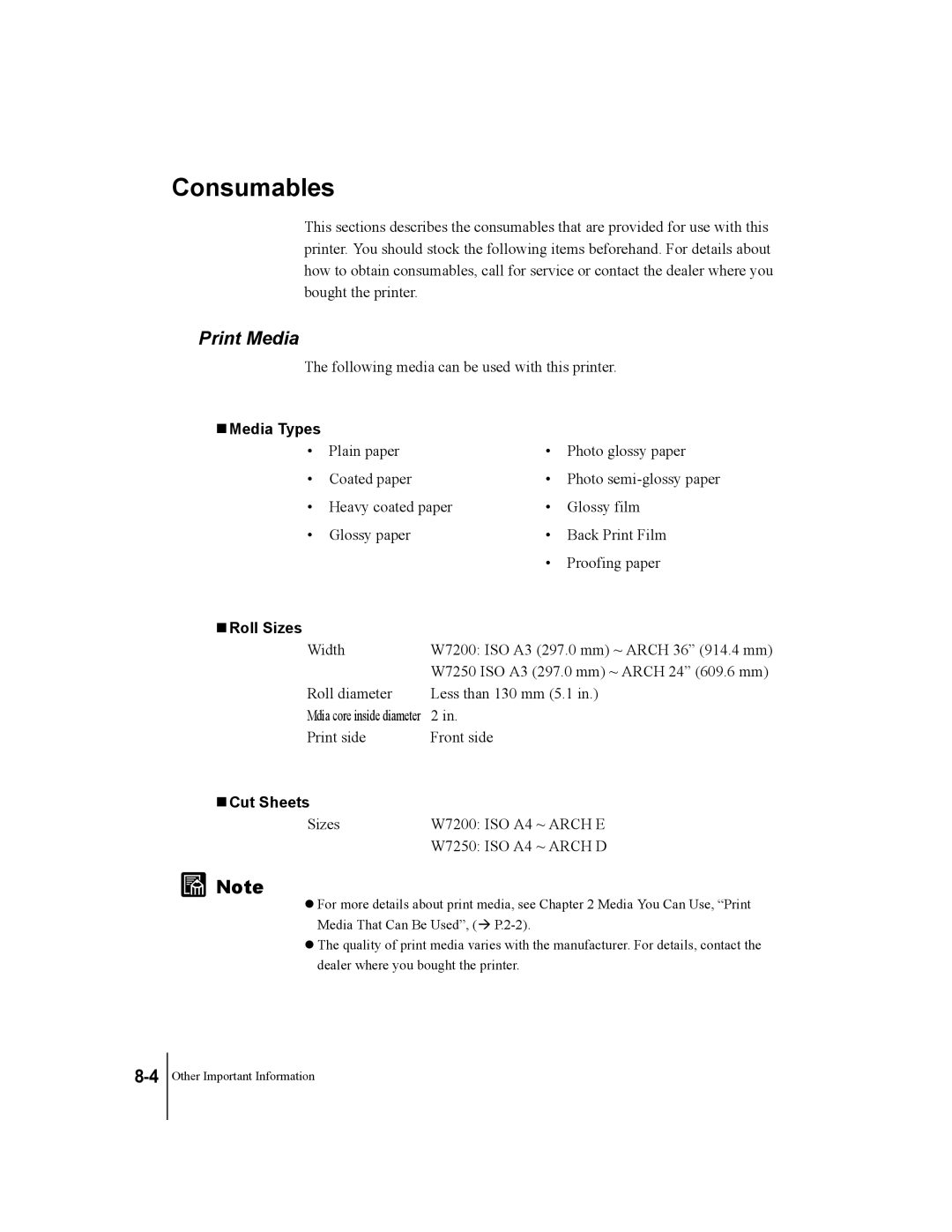 Canon W7200, W7250 manual Consumables, Print Media, Media Types, Roll Sizes, TCut Sheets 