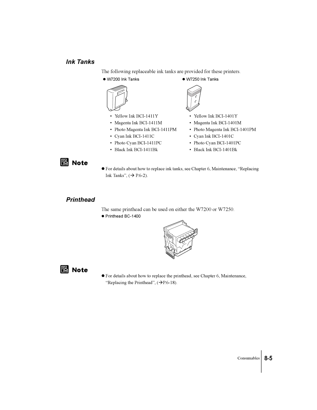 Canon W7250, W7200 manual Ink Tanks, Printhead 