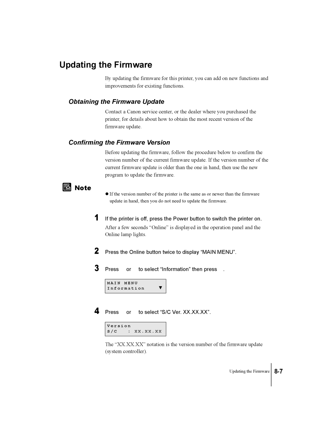 Canon W7250, W7200 manual Updating the Firmware, Obtaining the Firmware Update, Confirming the Firmware Version 