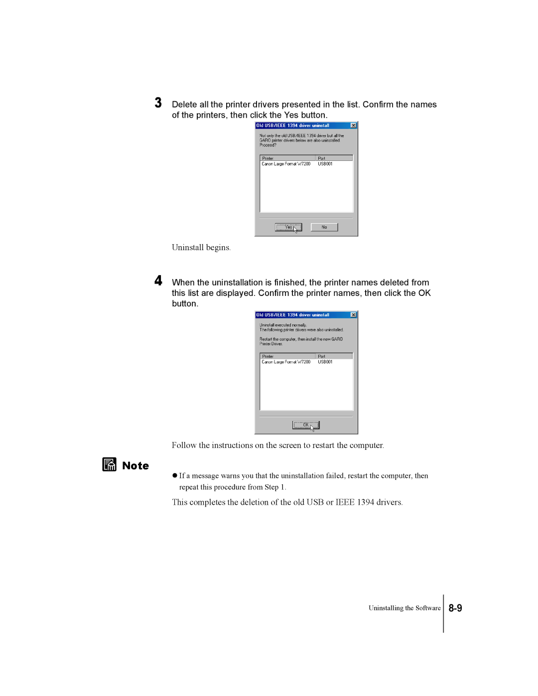 Canon W7250, W7200 manual Uninstall begins 