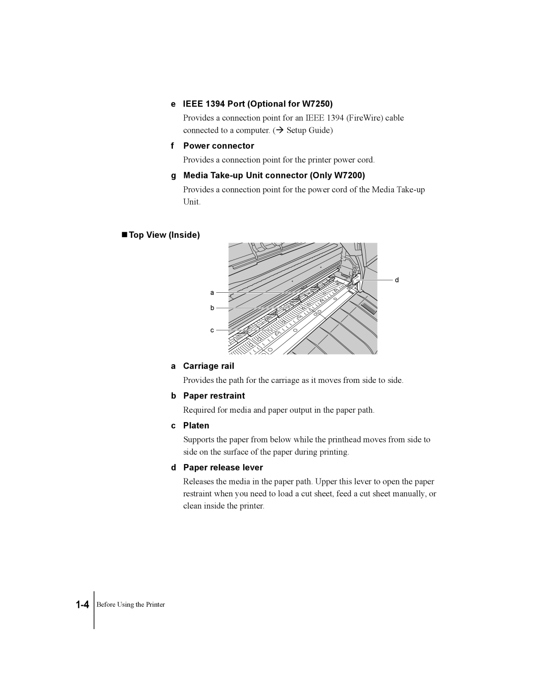 Canon Ieee 1394 Port Optional for W7250, Power connector, Media Take-up Unit connector Only W7200, Paper restraint 